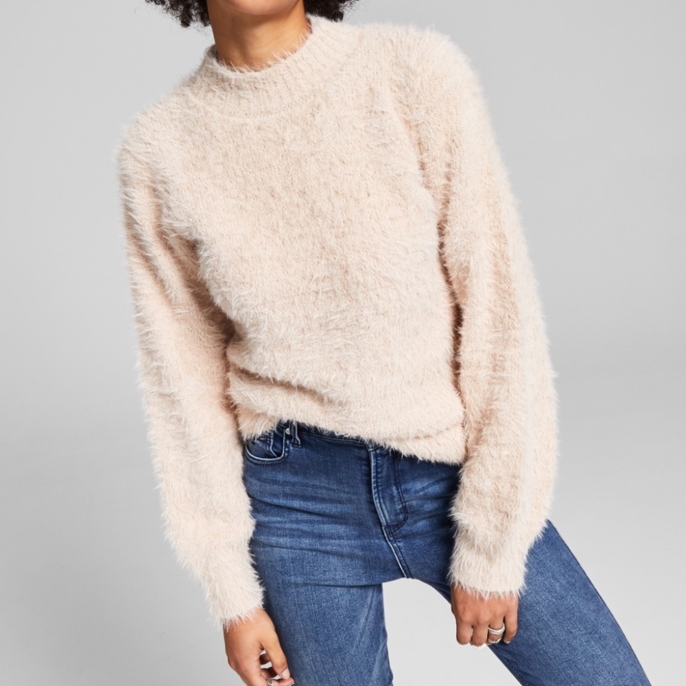 And Now This Womens Medium Fuzzy Turtleneck Sweater Moonlight Beige Long Sleeves